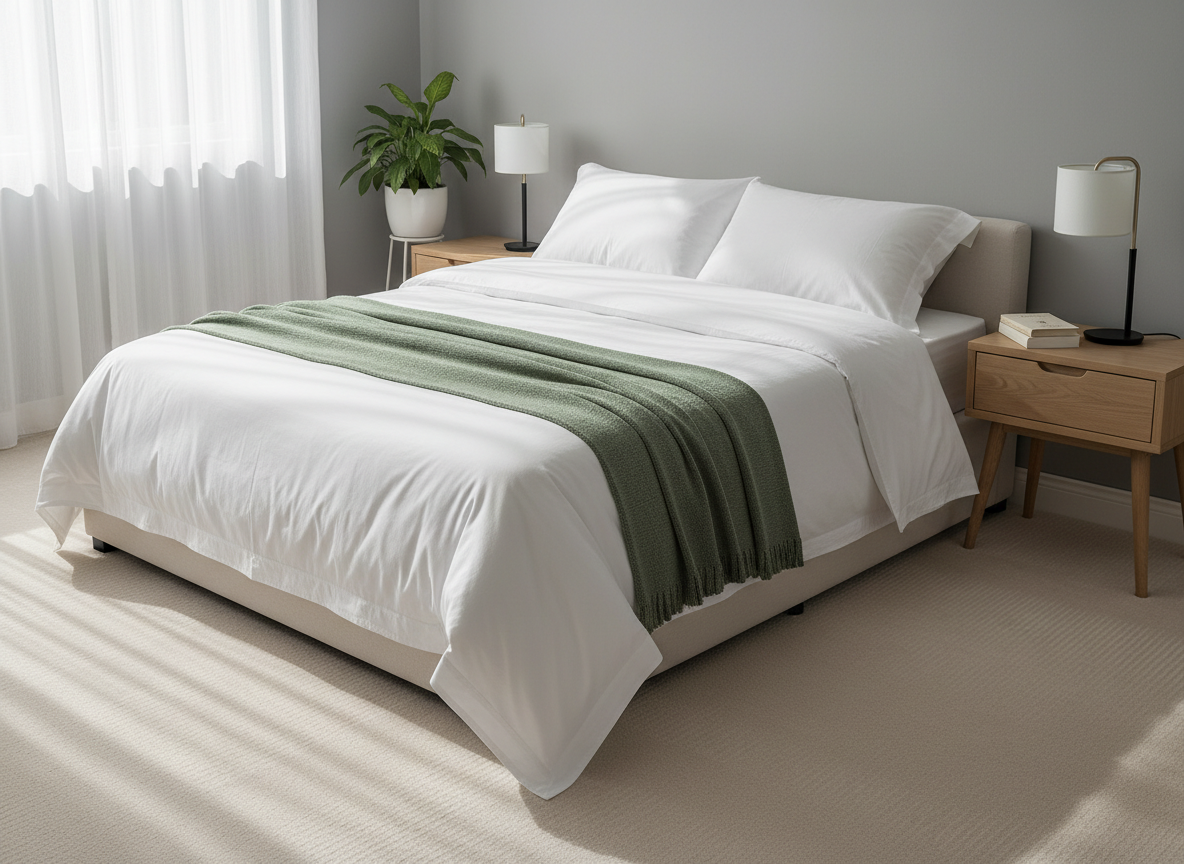 A tranquil bedroom showcasing the result of a detailed cleaning, with a neatly made bed dressed in crisp white cotton linens and a soft cedar-green throw folded precisely at the foot. The light oak nightstand has a smooth, dust-free surface holding only a single closed book and a small, minimalist lamp. Soft afternoon light filters through sheer curtains, creating gentle, elongated shadows across the freshly vacuumed, light beige carpet. The composition uses the rule of thirds from an eye-level perspective, capturing the full bed and surrounding area in photographic realism. The atmosphere feels quiet, restful, and mentally uncluttered, reinforcing the idea that a meticulously maintained space supports peace of mind and deep relaxation at home.
