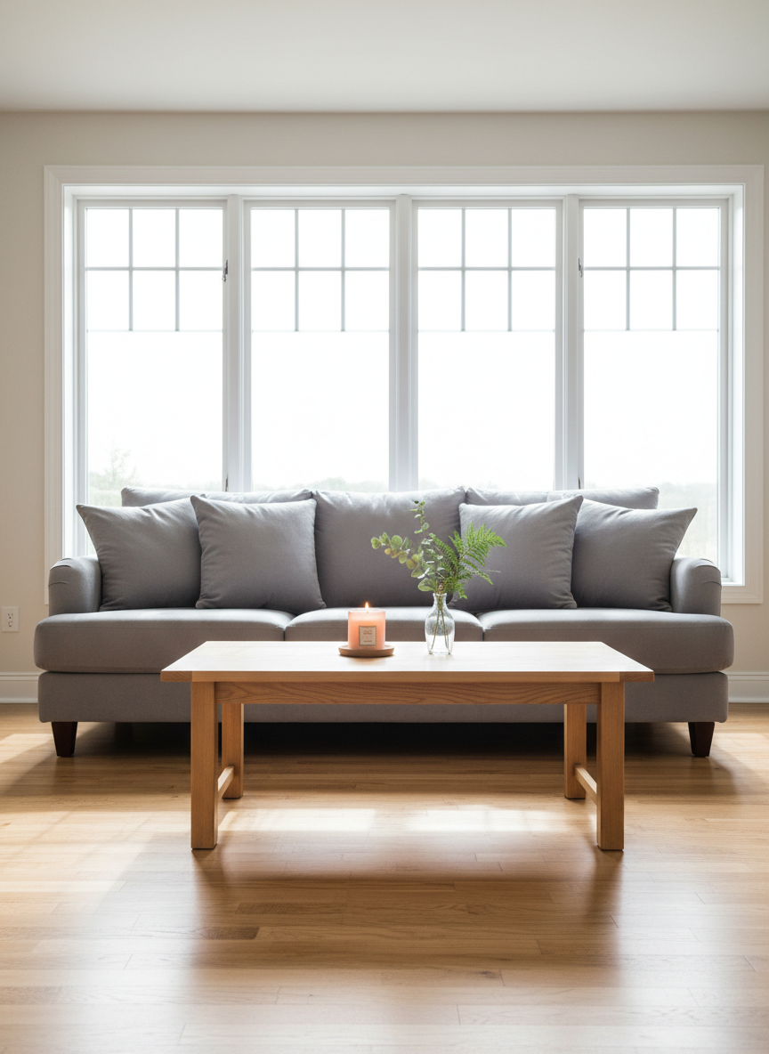 A spotless, light-filled living room after a professional deep clean, with a soft gray fabric sofa, neatly fluffed cushions, and a pale pine coffee table with a smooth matte finish. The hardwood floors gleam with a subtle satin shine, free of dust or footprints. Large windows framed by crisp white trim let in diffused morning light, casting gentle, clean shadows and highlighting the dust-free surfaces. Minimal decor—just a single cedar-scented candle and a small vase of greenery—creates a calm, uncluttered atmosphere. Photographic realism, shot at eye level with a wide lens, capturing the entire room in sharp focus. The mood is serene, orderly, and peaceful, perfectly conveying the mental clarity that comes from a meticulously cleaned home.