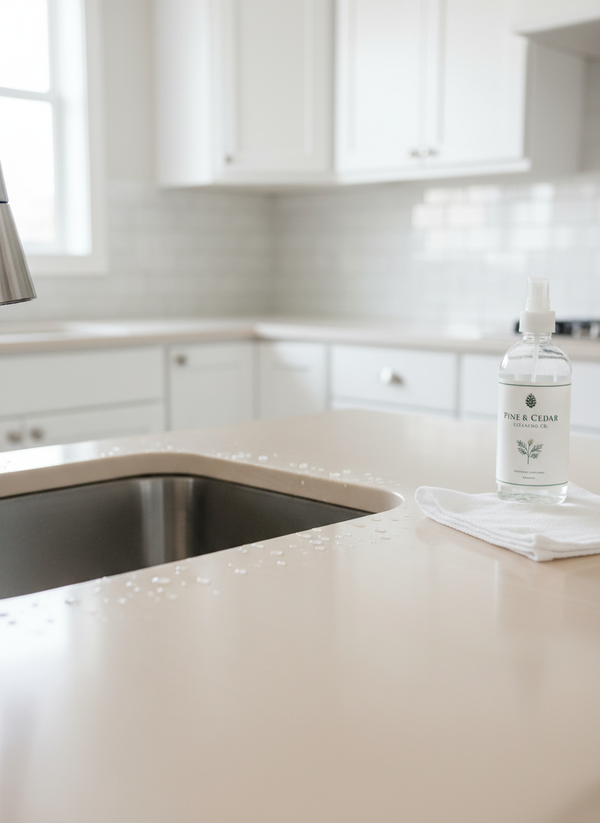 A close-up, photographic realism shot of a pale pine kitchen counter wiped to a streak-free finish, with water beading delicately along the edge of a stainless-steel sink. The faucet and sink basin gleam, reflecting soft, natural midday light from an unseen window. In the background, gently blurred, white shaker cabinets and a clear, organized backsplash create a sense of order. A folded, pristine white microfiber cloth rests neatly beside a simple glass spray bottle labeled with a subtle Pine & Cedar Cleaning Co. logo. Captured from a slightly elevated angle with a shallow depth of field, the mood is fresh, hygienic, and professional, emphasizing detailed, thorough cleaning and a clutter-free, peaceful kitchen environment.