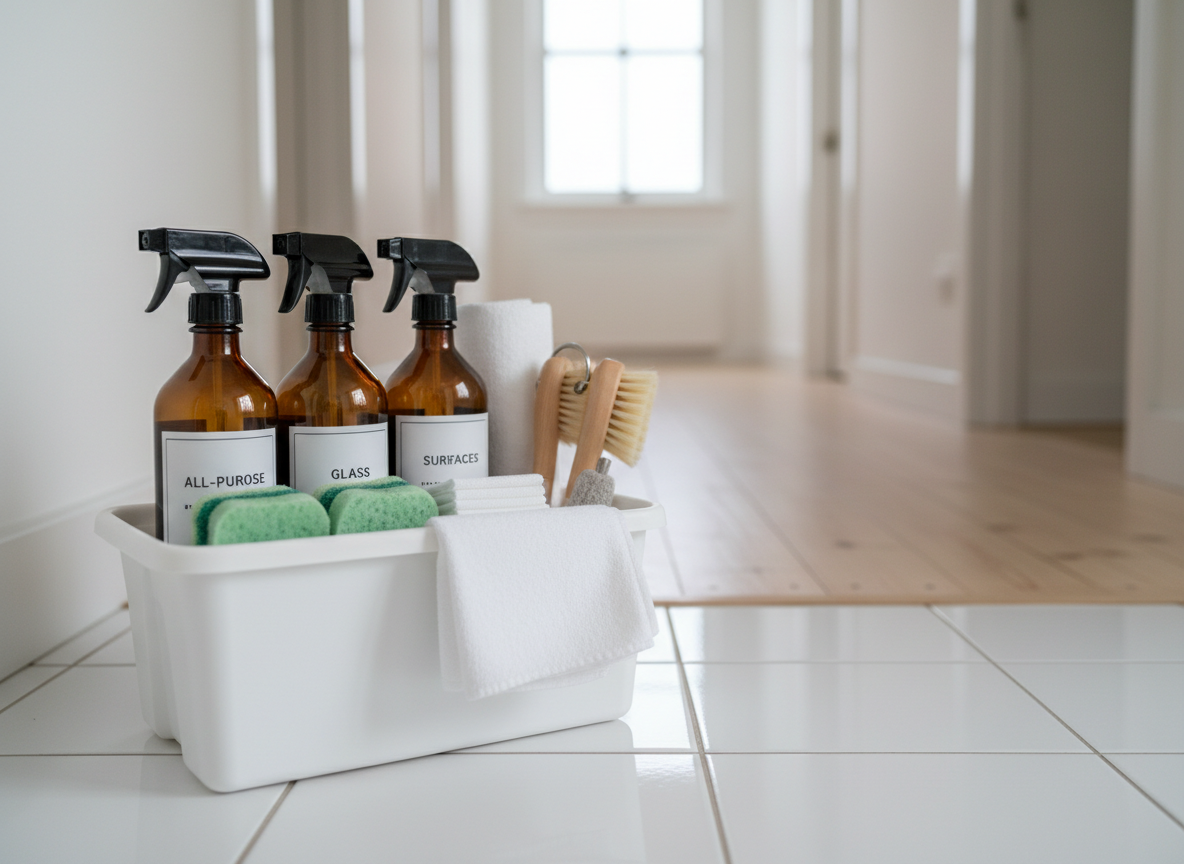 An organized cleaning caddy prepared for a professional house cleaning, sitting on a clean, white-tiled floor. Inside a sturdy matte white plastic caddy are neatly arranged amber spray bottles with minimalist labels, folded white microfiber cloths, natural-bristle brushes with light wooden handles, and eco-friendly sponges. The background shows a softly blurred, clutter-free hallway with freshly mopped, light pine flooring. Overcast daylight from a nearby window provides even, diffused lighting, creating soft reflections on the bottles and subtle shadows beneath the caddy. Photographic realism, shot from a slightly low angle to emphasize readiness and professionalism, with a moderate depth of field. The mood is calm, competent, and reassuring, visually communicating a systematic, detail-oriented approach to whole-home cleaning and organization.